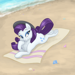 Size: 2048x2048 | Tagged: safe, artist:pfeffaroo, rarity, pony, unicorn, g4, beach, beach towel, eyeshadow, female, hat, high res, horn, lying down, makeup, mare, outdoors, prone, seashell, solo