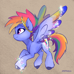 Size: 2304x2304 | Tagged: safe, artist:pfeffaroo, rainbow dash, zipp storm, pegasus, pony, g4, g5, female, g5 concept leaks, high res, mare, smiling, solo, sparkles, sparkly wings, spread wings, transformation, unshorn fetlocks, wings