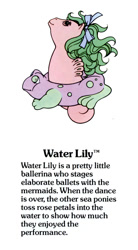 Size: 550x1000 | Tagged: safe, water lily (g1), frog, sea pony, g1, my little pony fact file, official, baby sea pony, bow, closed mouth, cute, female, floaty, g1 backstory, g1 cutie lily, hair bow, mare, pool toy, simple background, smiling, solo, text, trademark, white background