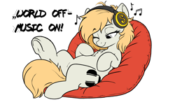 Size: 6000x3500 | Tagged: safe, artist:derpydoodesigns, oc, oc:sophie hoofington, pony, beanbag chair, blonde mane, blonde tail, female, gray eyes, headphones, listening to music, music, sitting, smiling, solo, solo female, tail, wearing headphones