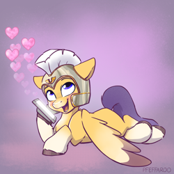 Size: 2048x2048 | Tagged: safe, artist:pfeffaroo, pegasus, pony, g5, my little pony: a new generation, cellphone, guard, happy, heart, helmet, high res, lying down, open mouth, open smile, pegasus royal guard, phone, prone, royal guard, sea skimmer, smiling, solo, spread wings, unnamed character, unnamed pony, unshorn fetlocks, wings