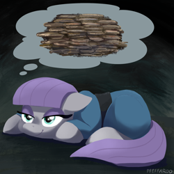 Size: 2048x2048 | Tagged: safe, artist:pfeffaroo, maud pie, earth pony, pony, g4, female, high res, lying down, mare, prone, rock, smiling, solo, that pony sure does love rocks, thought bubble, when she smiles