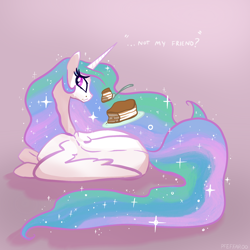 Size: 2048x2048 | Tagged: safe, artist:pfeffaroo, princess celestia, alicorn, pony, g4, cake, cakelestia, crying, dialogue, ethereal mane, ethereal tail, female, food, frown, high res, horn, lying down, mare, solo, sparkles, tail, wings