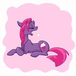 Size: 2048x2048 | Tagged: safe, artist:pfeffaroo, fizzlepop berrytwist, tempest shadow, pony, unicorn, g4, alternate hairstyle, broken horn, cute, eye scar, eyes closed, facial scar, female, high res, horn, lying down, mare, open mouth, scar, solo, tempestbetes, yawn