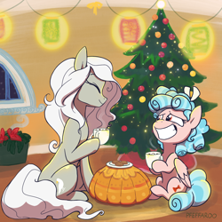 Size: 2048x2048 | Tagged: safe, artist:pfeffaroo, cozy glow, oc, oc:grimaire, earth pony, pegasus, pony, g4, christmas, christmas tree, duo, duo female, earth pony oc, eyes closed, female, filly, foal, grin, holiday, hoof hold, indoors, mare, raised hoof, sitting, smiling, tree