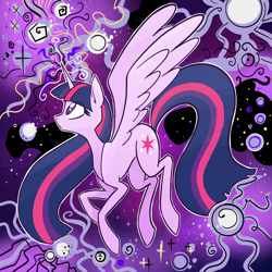 Size: 2048x2048 | Tagged: safe, artist:pfeffaroo, twilight sparkle, alicorn, pony, g4, abstract background, female, high res, horn, looking at something, looking up, magic, mare, open mouth, profile, solo, spread wings, twilight sparkle (alicorn), wings