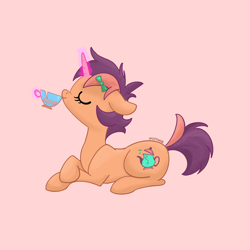 Size: 2048x2048 | Tagged: safe, artist:pfeffaroo, oc, oc only, oc:kettle chip, pony, unicorn, cup, eyes closed, female, glowing, glowing horn, hair accessory, high res, horn, levitation, magic, magic aura, mare, ponysona, simple background, sipping, solo, teacup, telekinesis