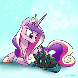 Size: 2048x2048 | Tagged: safe, artist:pfeffaroo, part of a set, princess cadance, queen chrysalis, alicorn, changeling, nymph, pony, g4, crown, cute, cutealis, cutedance, duo, duo female, female, filly, filly queen chrysalis, foal, folded wings, high res, hoof shoes, horn, jewelry, lidded eyes, lying down, mama cadence, mare, peytral, princess shoes, prone, regalia, shadow, signature, smiling, wings, younger