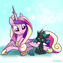 Size: 2048x2048 | Tagged: safe, artist:pfeffaroo, part of a set, princess cadance, queen chrysalis, alicorn, changeling, nymph, pony, g4, crown, cute, cutealis, cutedance, duo, duo female, female, filly, filly queen chrysalis, foal, folded wings, frown, high res, hoof shoes, horn, jewelry, mama cadence, mare, peytral, princess shoes, regalia, shadow, signature, smiling, wings, younger