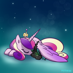 Size: 2048x2048 | Tagged: safe, artist:pfeffaroo, part of a set, princess cadance, queen chrysalis, alicorn, changeling, nymph, pony, g4, crown, cute, cutealis, cutedance, duo, duo female, female, filly, filly queen chrysalis, foal, high res, horn, hug, jewelry, lying down, mama cadence, mare, prone, regalia, sleeping, wing blanket, winghug, wings, younger