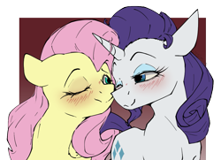 Size: 975x706 | Tagged: safe, artist:luxsimx, fluttershy, rarity, pegasus, pony, unicorn, g4, blushing, female, horn, lesbian, mare, ship:flarity, shipping