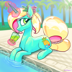 Size: 2048x2048 | Tagged: safe, artist:pfeffaroo, oc, oc only, pony, unicorn, drink, drinking, drinking straw, female, glowing, glowing horn, horn, levitation, magic, magic aura, mare, outdoors, palm tree, solo, swimming pool, telekinesis, tree, unicorn oc, water