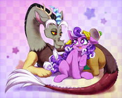 Size: 5001x4012 | Tagged: safe, artist:seurnik, discord, screwball, draconequus, earth pony, pony, g4, caption, curly mane, daddy discord, father and child, father and daughter, female, image macro, looking at each other, looking at someone, male, pat, pink coat, purple eyes, purple hair, silly face, text