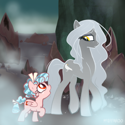 Size: 2048x2048 | Tagged: safe, artist:pfeffaroo, cozy glow, oc, oc:grimaire, earth pony, pegasus, pony, g4, duo, duo female, earth pony oc, female, filly, foal, folded wings, freckles, frown, high res, looking at each other, looking at someone, mare, open mouth, raised hoof, wings