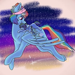 Size: 926x926 | Tagged: safe, artist:arsoniist, rainbow dash, oc, oc:thunder cloud, pegasus, pony, g4, 2019, duo, duo female, female, filly, flying, foal, mare, mother and child, mother and daughter, offspring, outdoors, parent:rainbow dash, parent:soarin', parents:soarindash, riding, riding a pony, smiling, tail