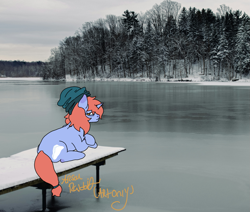 Size: 1113x942 | Tagged: safe, artist:arsonrabbit, oc, oc only, oc:snow blanket, pony, unicorn, g4, beanie, blue coat, brown eyes, crossed hooves, day, digital art, female, forest, forest background, hat, horn, lake, looking at you, looking back, lying down, mare, nature, orange hair, orange mane, orange tail, outdoors, pier, real life background, signature, sky, solo, tail, tied tail, tree, unicorn oc, water, winter