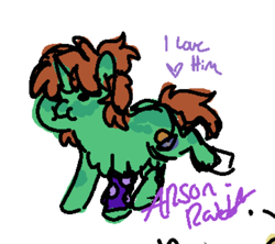 Size: 495x439 | Tagged: safe, artist:arsonrabbit, oc, oc only, oc:gloaming ray, pony, unicorn, g4, brown hair, brown mane, brown tail, chest fluff, digital art, doodle, green coat, horn, male, ponytail, raised hoof, signature, simple background, sock, solo, stallion, tail, text, unicorn oc, white background