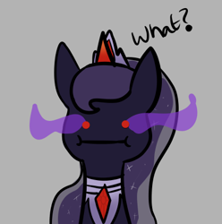 Size: 436x439 | Tagged: safe, artist:xxunicornforeverxx, princess luna, alicorn, pony, g4, 8i, 8|, :i, :|, bust, clothes, color change, colored horn, corrupted, corrupted luna, curved horn, dark magic, darkened coat, darkened hair, ethereal hair, faic, glowing, gorget, gray background, horn, jewelry, magic, no pupils, no sclera, pale coat, pale hair, peytral, poker face, simple background, solo, solo focus, sombra eyes, sombra horn, tiara, tumblr, tumblr:askcorrupted-luna, wat, wavy hair