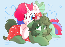 Size: 4200x3000 | Tagged: safe, artist:slushpony, oc, oc only, oc:amanita green, oc:daylight dream, earth pony, unicorn, clothes, commission, cuddling, dress, female, heart, horn, mare, mushroom, simple background, ych result