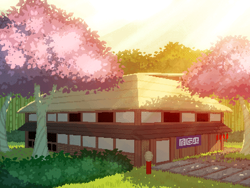 Size: 800x600 | Tagged: safe, artist:rangelost, cyoa:d20 pony, building, cherry blossoms, cherry tree, crepuscular rays, cyoa, digital art, inn, no pony, pixel art, story included, tree