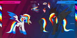 Size: 8000x4000 | Tagged: safe, artist:darky_wings, oc, oc only, oc:darky wings, breezie, pegasus, pony, angry, breezie oc, ears back, fangs, multicolored hair, open mouth, pegasus oc, reference sheet, sharp teeth, shy, teeth