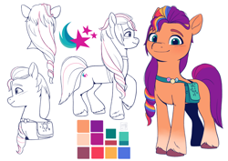 Size: 4132x2919 | Tagged: safe, artist:l211art, sunny starscout, earth pony, pony, series:mym ref set, g5, my little pony: make your mark, back of head, cutie mark, looking at you, mane stripe sunny, reference sheet, simple background, smiling, solo, white background