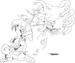 Size: 1339x1131 | Tagged: safe, artist:nauyaco, oc, oc:ardent heart, griffon, pony, helmet, magic, monochrome, shield