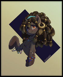 Size: 1900x2300 | Tagged: safe, artist:justgaduh, oc, oc only, pony, unicorn, abstract background, bracelet, dreadlocks, ear piercing, earring, female, hairband, horn, jewelry, mare, necklace, piercing, solo