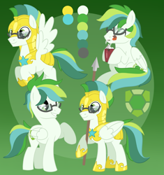 Size: 1959x2083 | Tagged: safe, artist:wildrose_, oc, oc:shell watch, pegasus, armor, chocolate, cutie mark, flying, food, glasses, green background, green eyes, hot chocolate, reference sheet, royal guard, simple background, smiling, spear, weapon