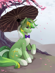 Size: 1550x2081 | Tagged: safe, artist:illog1calbee, oc, oc only, oc:limine motion, pony, unicorn, bow, cherry blossoms, countershading, flower, flower blossom, horn, looking at you, sitting, solo, umbrella