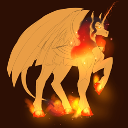 Size: 1024x1024 | Tagged: safe, artist:vani_vanilla, daybreaker, oc, oc:aqasha, alicorn, pony, fanfic:infinite eclipse, g4, 4 wings, alternate universe, corrupted, discord source, female, fiery hooves, mane of fire, mare, raised hoof, solo