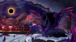 Size: 9066x5016 | Tagged: safe, artist:coleleedraws, nightmare moon, oc, oc:naegissa, oc:nerath, alicorn, pony, fanfic:infinite eclipse, g4, absurd file size, absurd resolution, alternate universe, bat wings, corrupted, crystal, crystal wings, duo, duo female, eclipse, ethereal mane, ethereal tail, female, glowing, glowing eyes, lightning, mare, snow, solar eclipse, species:crystallized, stars, tail, wings