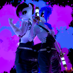 Size: 3840x3840 | Tagged: safe, artist:loveslove, jinx, oc, oc only, oc:love vi, oc:solo jinx, pony, anthro, g4, 3d, clothes, duo, female, gun, siblings, sisters, tattoo, vi, weapon