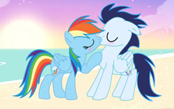 Size: 1280x798 | Tagged: safe, artist:soarindasher10, rainbow dash, soarin', pegasus, pony, g4, beach, female, kiss on the lips, kissing, male, mare, ship:soarindash, shipping, stallion, straight