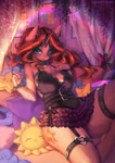 Size: 1194x1689 | Tagged: safe, artist:hikerumin, sunset shimmer, unicorn, anthro, g4, bed, bedroom, breasts, busty sunset shimmer, choker, clothes, dress, garters, harness, horn, indoors, latex, latex suit, looking at you, miniskirt, pillow, skirt, solo, tights, toy, wholesome