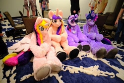 Size: 2400x1600 | Tagged: safe, princess cadance, twilight sparkle, harmonycon, g4, 2025, fursuit, group, indoors, irl, photo, ponysuit, quartet, self paradox, self ponidox, sitting