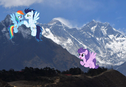 Size: 1558x1080 | Tagged: safe, artist:firlin123, artist:soarindasher10, clear skies, rainbow dash, soarin', pegasus, pony, g4, africa's highest mountain, blushing, cloud, female, flying, grin, hill, irl, male, mare, mountain, open mouth, open smile, photo, ponies in real life, ship:soarindash, shipping, sky, smiling, spread wings, stallion, straight, wings