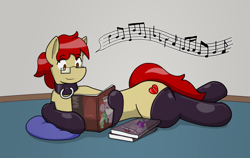 Size: 800x506 | Tagged: safe, artist:defilerzero, oc, oc only, oc:rubber heart, book, clothes, collar, latex, latex socks, lying down, notes, on side, reading, reading a book, socks, solo