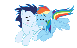 Size: 1280x798 | Tagged: safe, artist:soarindasher10, rainbow dash, soarin', pegasus, pony, g4, cheek kiss, female, kissing, male, mare, ship:soarindash, shipping, simple background, stallion, straight, transparent background