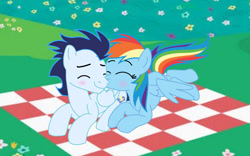 Size: 1280x798 | Tagged: safe, artist:soarindasher10, rainbow dash, soarin', pegasus, pony, g4, cheek kiss, female, kissing, male, mare, ship:soarindash, shipping, stallion, straight