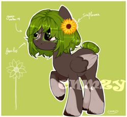 Size: 1239x1139 | Tagged: oc name needed, safe, artist:cnmzy, oc, pegasus, pony, adoptable, adoptable open, brown eyes, cute, dark skin, female, flower, for sale, green hair, happy, mlpadopt, my little pony, pegasus oc, smiling, solo, sunflower, tail, yellow