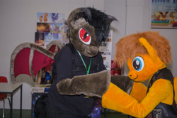 Size: 4928x3264 | Tagged: safe, artist:atalonthedeer, oc, oc only, oc:qetesh, oc:tracy swift, 2015, brony fair, fursuit, indoors, irl, photo, ponysuit