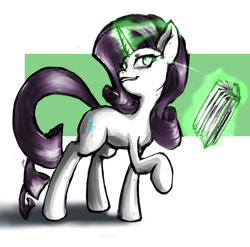 Size: 1920x1900 | Tagged: safe, artist:hairezz, rarity, pony, unicorn, g4, inspiration manifestation, my little pony: friendship is magic, 2014, book, glowing, glowing eyes, glowing horn, horn, inspiration manifestation book, old art, raised hoof, simple background