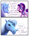 Size: 1450x1800 | Tagged: safe, artist:candy meow, starlight glimmer, trixie, horse, pony, unicorn, g4, 2 panel comic, ^^, angry, annoyed, cheek fluff, chest fluff, comic, dialogue, duo, ear fluff, eyes closed, female, hoers, horn, leg fluff, mare, meme, ponified, ponified meme, realistic, simple background, speech bubble, text, too serious, white background