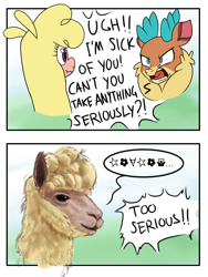 Size: 3600x4800 | Tagged: safe, artist:thescornfulreptilian, paprika (tfh), velvet (tfh), alpaca, deer, reindeer, them's fightin' herds, 2 panel comic, angry, annoyed, comic, community related, duo, meme, realistic, text, too serious