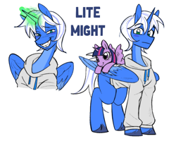 Size: 1000x800 | Tagged: safe, artist:sugarpersonlove, oc, oc only, oc:lite might, alicorn, pony, blue coat, clothes, colored, colored hooves, colored wings, flat colors, gray background, hoodie, hooves, horn, looking at you, magic, male, reference sheet, simple background, smiling, solo, solo male, spread wings, stallion, wings