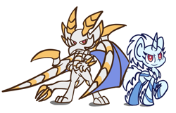 Size: 999x643 | Tagged: safe, artist:derp pone, dragon, kirin, pony, duo, horn, malzeno, monster hunter, ponified