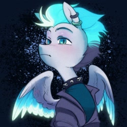 Size: 1000x1000 | Tagged: safe, artist:sugarpersonlove, oc, pegasus, clothes, collar, colored wings, ear piercing, filter, glowing, glowing mane, glowing wings, looking at you, male, piercing, shirt, solo, solo male, spread wings, t-shirt, wings