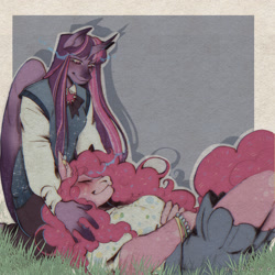 Size: 2048x2048 | Tagged: safe, artist:asenok-openok, pinkie pie, twilight sparkle, alicorn, earth pony, anthro, g4, female, lesbian, lying down, lying on the ground, on ground, ship:twinkie, shipping, twilight sparkle (alicorn)