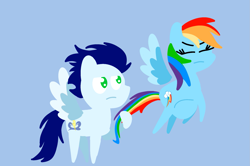 Size: 1935x1285 | Tagged: safe, anonymous artist, derpibooru exclusive, rainbow dash, soarin', pegasus, pony, series:soarindash pregnancy, series:soarindash romantic tales, g4, female, male, mare, pointy ponies, preggo dash, pregnant, ship:soarindash, shipping, stallion, straight